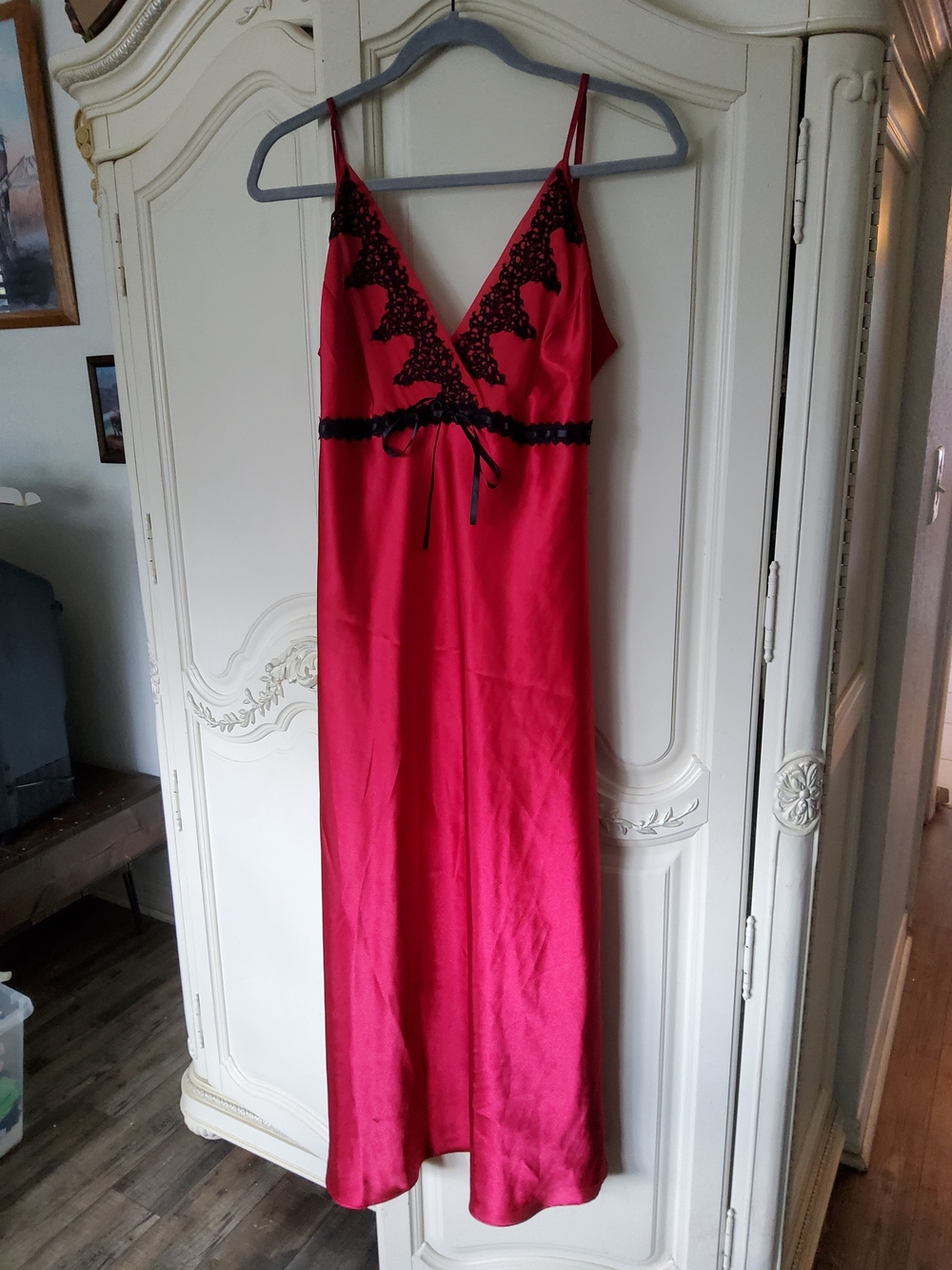 delicates Whimsical Vintage Red Satin Slip dress with Black Lace Trim